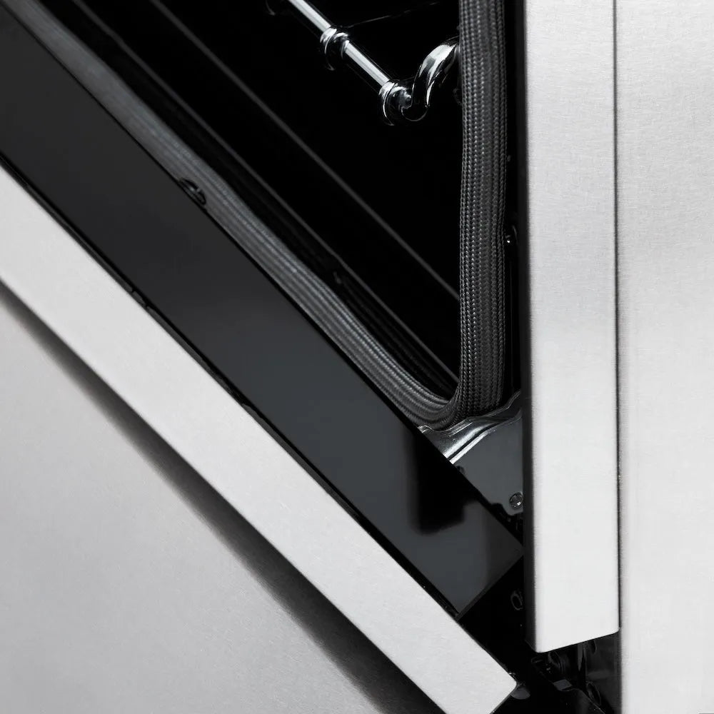 ZLINE Autograph Edition 60 in. 7.4 cu. ft. Legacy Dual Fuel Range with 9 Burner Gas Cooktop and 2 Electric Convection Ovens in Satin Stainless Steel and Polished Gold Accents (RASZ-SN-60-G) detail, StayPut hinge.