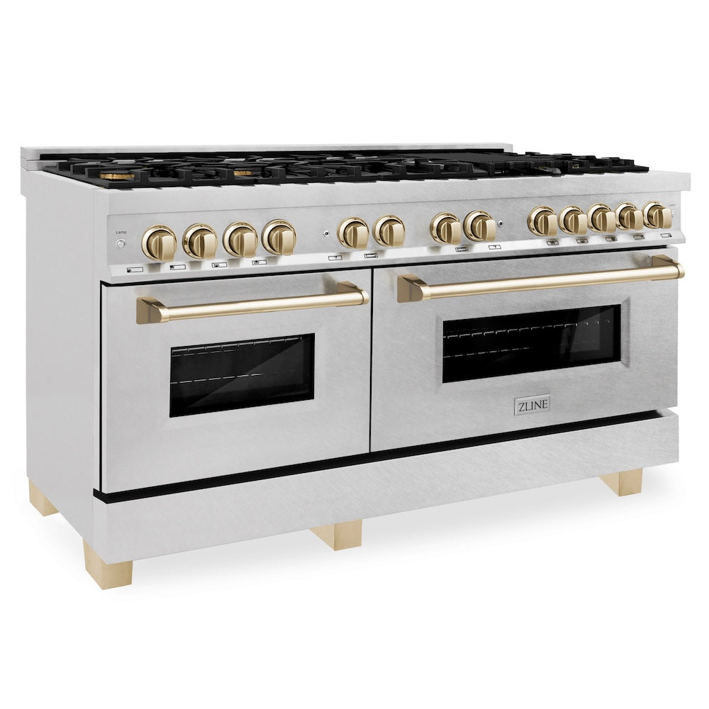 ZLINE Autograph Edition 60 in. 7.4 cu. ft. Legacy Dual Fuel Range with 9 Burner Gas Cooktop and 2 Electric Convection Ovens in Satin Stainless Steel and Polished Gold Accents (RASZ-SN-60-G)