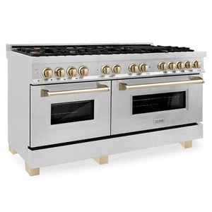 ZLINE Autograph Edition 60 in. 7.4 cu. ft. Legacy Dual Fuel Range with 9 Burner Gas Cooktop and 2 Electric Convection Ovens in Satin Stainless Steel and Polished Gold Accents (RASZ-SN-60-G)