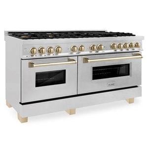 ZLINE Autograph Edition 60 in. 7.4 cu. ft. Legacy Dual Fuel Range with 9 Burner Gas Cooktop and 2 Electric Convection Ovens in Satin Stainless Steel and Polished Gold Accents (RASZ-SN-60-G)