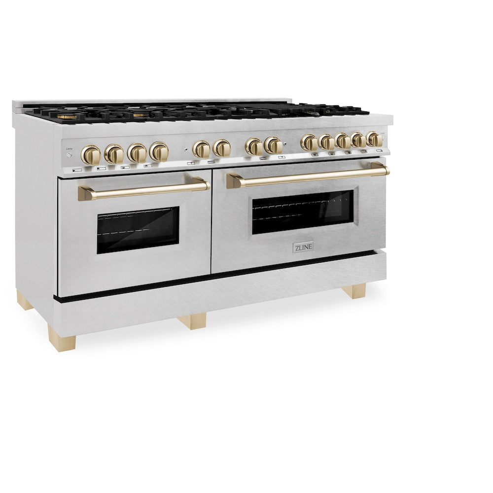 ZLINE Autograph Edition 60 in. 7.4 cu. ft. Legacy Dual Fuel Range with 9 Burner Gas Cooktop and 2 Electric Convection Ovens in Satin Stainless Steel and Polished Gold Accents (RASZ-SN-60-G)