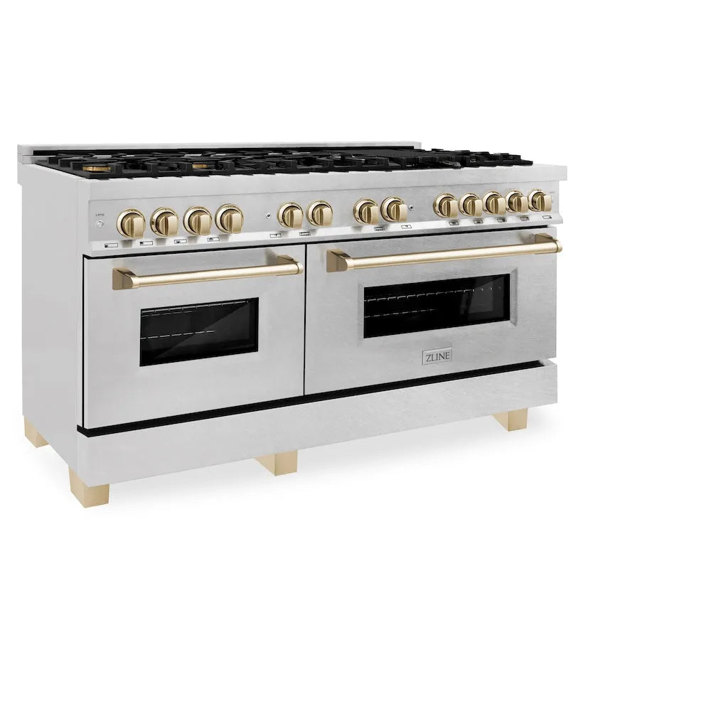 ZLINE Autograph Edition 60 in. 7.4 cu. ft. Legacy Dual Fuel Range with 9 Burner Gas Cooktop and 2 Electric Convection Ovens in Satin Stainless Steel and Polished Gold Accents (RASZ-SN-60-G) main image.