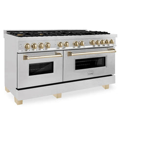 ZLINE Autograph Edition 60 in. 7.4 cu. ft. Legacy Dual Fuel Range with 9 Burner Gas Cooktop and 2 Electric Convection Ovens in Satin Stainless Steel and Polished Gold Accents (RASZ-SN-60-G) main image.