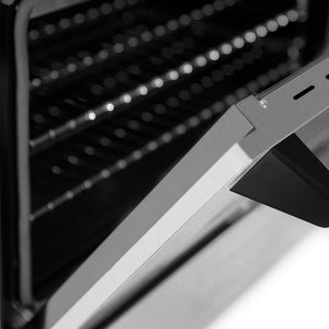 ZLINE Autograph Edition 60 in. 7.4 cu. ft. Legacy Dual Fuel Range with 9 Burner Gas Cooktop and 2 Electric Convection Ovens in Satin Stainless Steel and Matte Black Accents (RASZ-SN-60-MB) oven door detail.