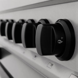 ZLINE Autograph Edition 60 in. 7.4 cu. ft. Legacy Dual Fuel Range with 9 Burner Gas Cooktop and 2 Electric Convection Ovens in Satin Stainless Steel and Matte Black Accents (RASZ-SN-60-MB) knobs.