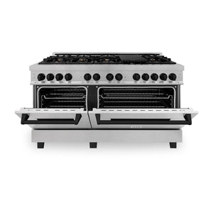 ZLINE Autograph Edition 60 in. 7.4 cu. ft. Legacy Dual Fuel Range with 9 Burner Gas Cooktop and 2 Electric Convection Ovens in Satin Stainless Steel and Matte Black Accents (RASZ-SN-60-MB) front, oven half open.