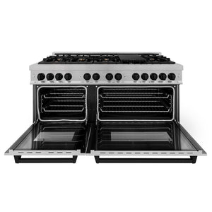 ZLINE Autograph Edition 60 in. 7.4 cu. ft. Legacy Dual Fuel Range with 9 Burner Gas Cooktop and 2 Electric Convection Ovens in Satin Stainless Steel and Matte Black Accents (RASZ-SN-60-MB) front, open.