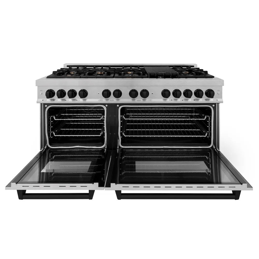 ZLINE Autograph Edition 60 in. 7.4 cu. ft. Legacy Dual Fuel Range with 9 Burner Gas Cooktop and 2 Electric Convection Ovens in Satin Stainless Steel and Matte Black Accents (RASZ-SN-60-MB) front, open.
