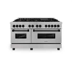 ZLINE Autograph Edition 60 in. 7.4 cu. ft. Legacy Dual Fuel Range with 9 Burner Gas Cooktop and 2 Electric Convection Ovens in Satin Stainless Steel and Matte Black Accents (RASZ-SN-60-MB) front, oven closed.