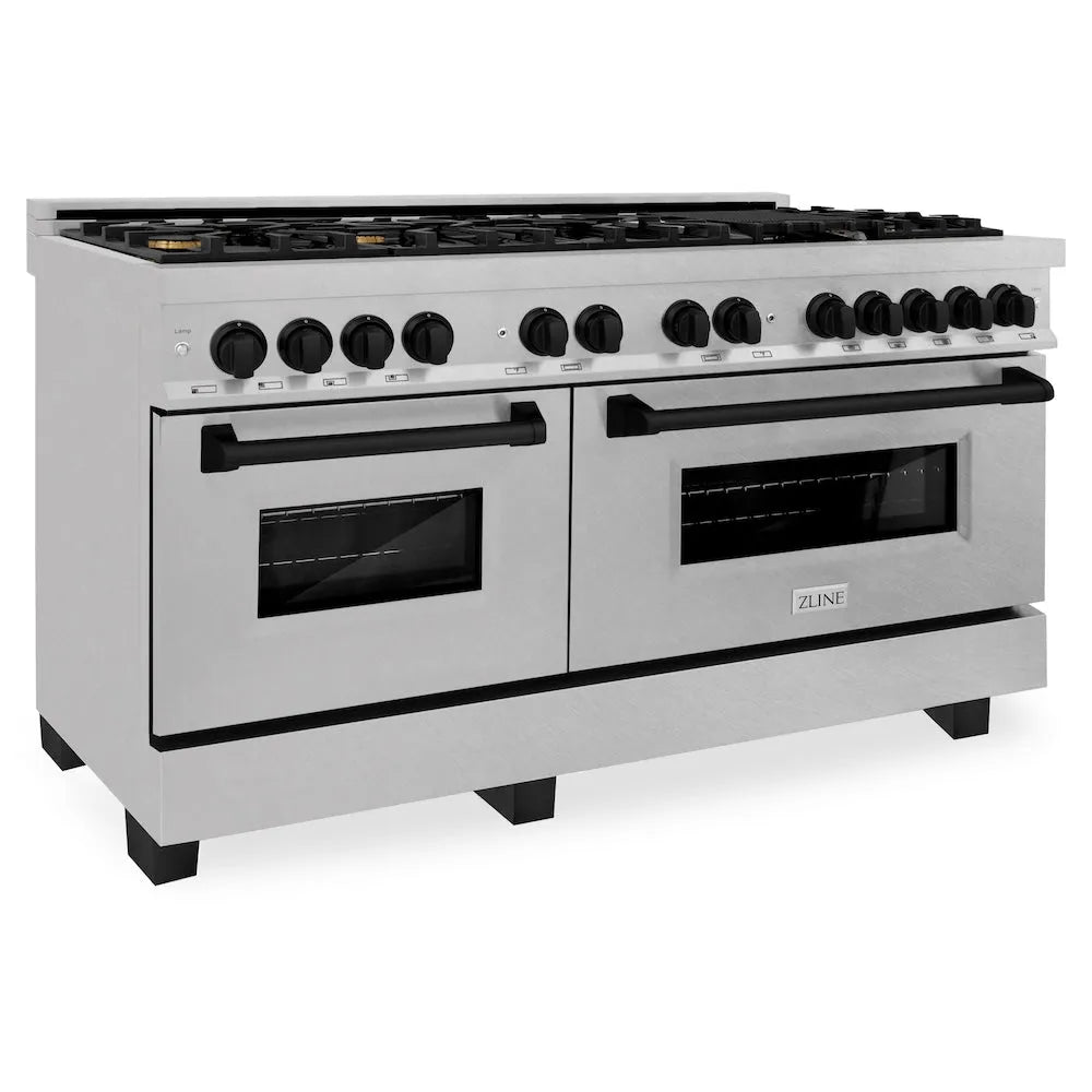 ZLINE Autograph Edition 60 in. 7.4 cu. ft. Legacy Dual Fuel Range with 9 Burner Gas Cooktop and 2 Electric Convection Ovens in Satin Stainless Steel and Matte Black Accents (RASZ-SN-60-MB) main image.