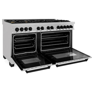 ZLINE Autograph Edition 60 in. 7.4 cu. ft. Legacy Dual Fuel Range with 9 Burner Gas Cooktop and 2 Electric Convection Ovens in Satin Stainless Steel and Matte Black Accents (RASZ-SN-60-MB) side, oven open.
