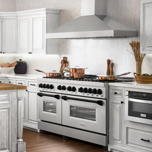 ZLINE Autograph Edition 60 in. 7.4 cu. ft. Legacy Dual Fuel Range with 9 Burner Gas Cooktop and 2 Electric Convection Ovens in Satin Stainless Steel and Matte Black Accents (RASZ-SN-60-MB) side, in a luxury farmhouse-style kitchen.