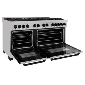 ZLINE Autograph Edition 60 in. 7.4 cu. ft. Legacy Dual Fuel Range with 9 Burner Gas Cooktop and 2 Electric Convection Ovens in Satin Stainless Steel and Matte Black Accents (RASZ-SN-60-MB) side, oven open.