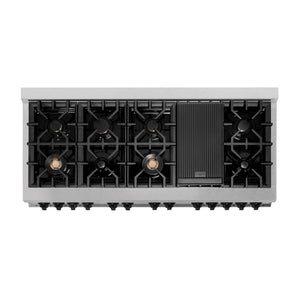 ZLINE Autograph Edition 60 in. 7.4 cu. ft. Legacy Dual Fuel Range with 9 Burner Gas Cooktop and 2 Electric Convection Ovens in Satin Stainless Steel and Matte Black Accents (RASZ-SN-60-MB) top-down, above cooktop.