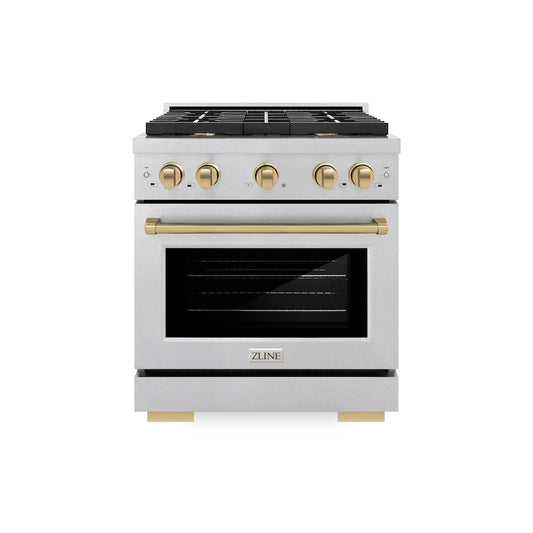 ZLINE Autograph Edition 30 in. 4.2 cu. ft. Paramount Dual Fuel Range with 4 Burner Gas Cooktop and Electric Convection Oven in Satin Stainless Steel with Champagne Bronze Accents (SDRSZ-30-CB) front.