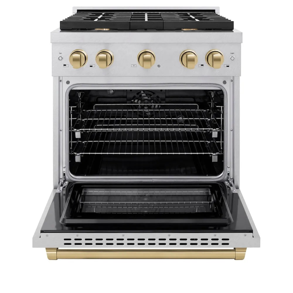 ZLINE Autograph Edition 30 in. 4.2 cu. ft. Paramount Dual Fuel Range with 4 Burner Gas Cooktop and Electric Convection Oven in Satin Stainless Steel with Champagne Bronze Accents (SDRSZ-30-CB) front, open.