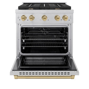 ZLINE Autograph Edition 30 in. 4.2 cu. ft. Paramount Dual Fuel Range with 4 Burner Gas Cooktop and Electric Convection Oven in Satin Stainless Steel with Champagne Bronze Accents (SDRSZ-30-CB) front, open.