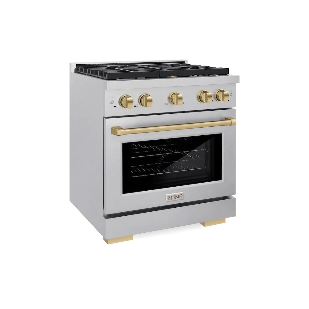 ZLINE Autograph Edition 30 in. 4.2 cu. ft. Paramount Dual Fuel Range with 4 Burner Gas Cooktop and Electric Convection Oven in Satin Stainless Steel with Champagne Bronze Accents (SDRSZ-30-CB) main image.