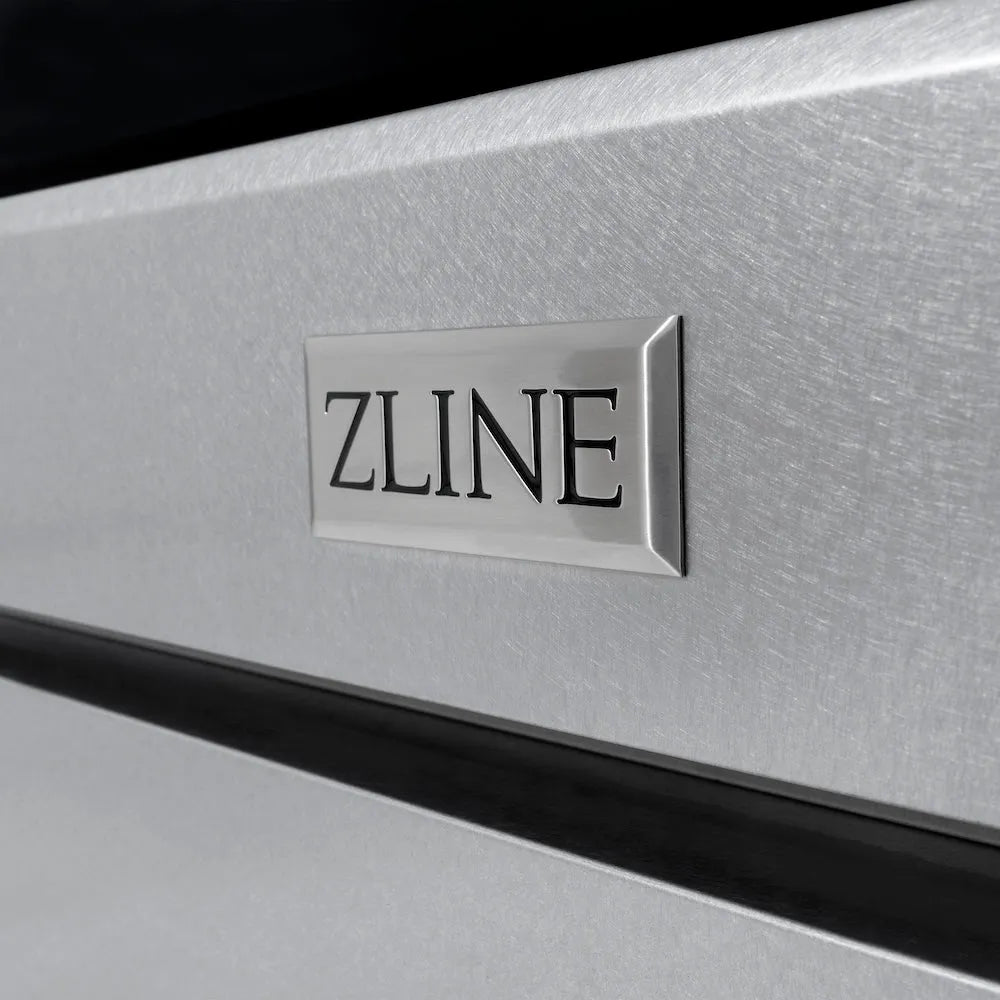 ZLINE Autograph Edition 30 in. 4.2 cu. ft. Paramount Dual Fuel Range with 4 Burner Gas Cooktop and Electric Convection Oven in Satin Stainless Steel with Polished Gold Accents (SDRSZ-30-G) ZLINE badge logo.