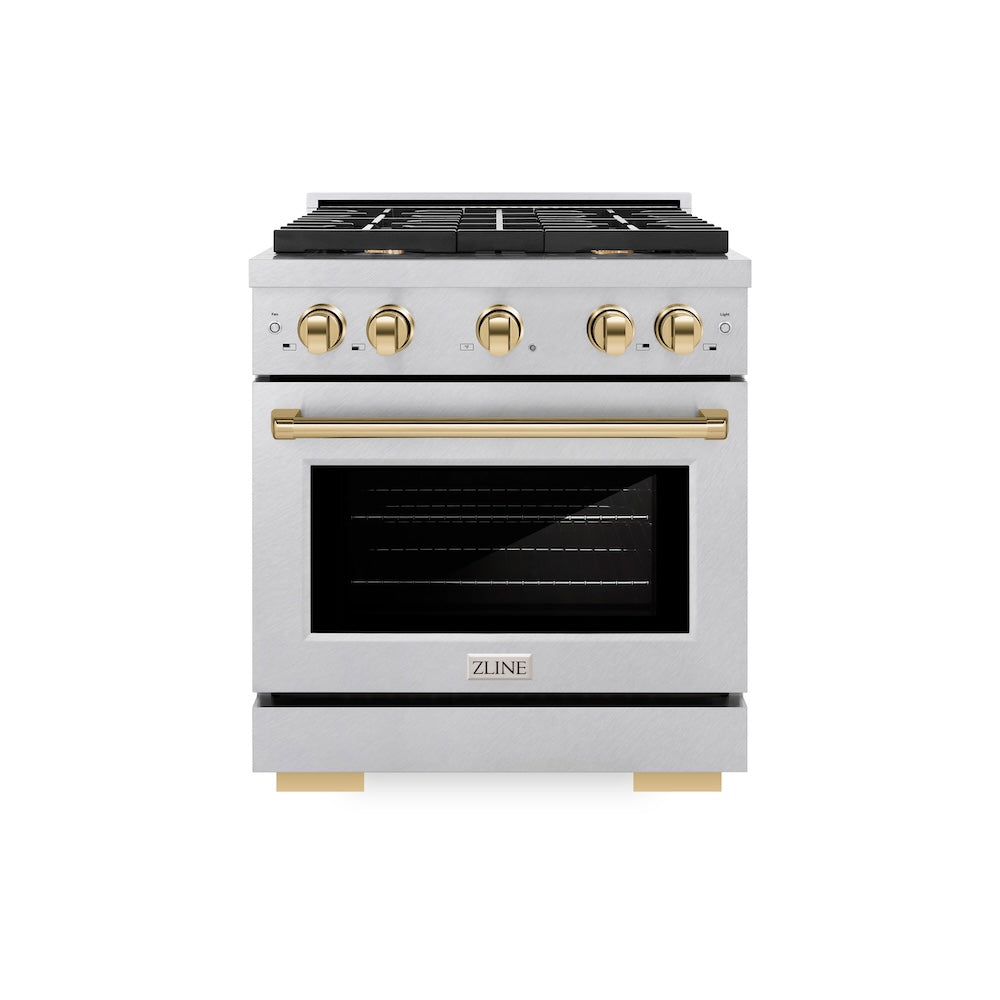 ZLINE Autograph Edition 30 in. 4.2 cu. ft. Paramount Dual Fuel Range with 4 Burner Gas Cooktop and Electric Convection Oven in Satin Stainless Steel with Polished Gold Accents (SDRSZ-30-G) front.