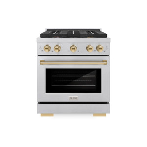 ZLINE Autograph Edition 30 in. 4.2 cu. ft. Paramount Dual Fuel Range with 4 Burner Gas Cooktop and Electric Convection Oven in Satin Stainless Steel with Polished Gold Accents (SDRSZ-30-G) front.