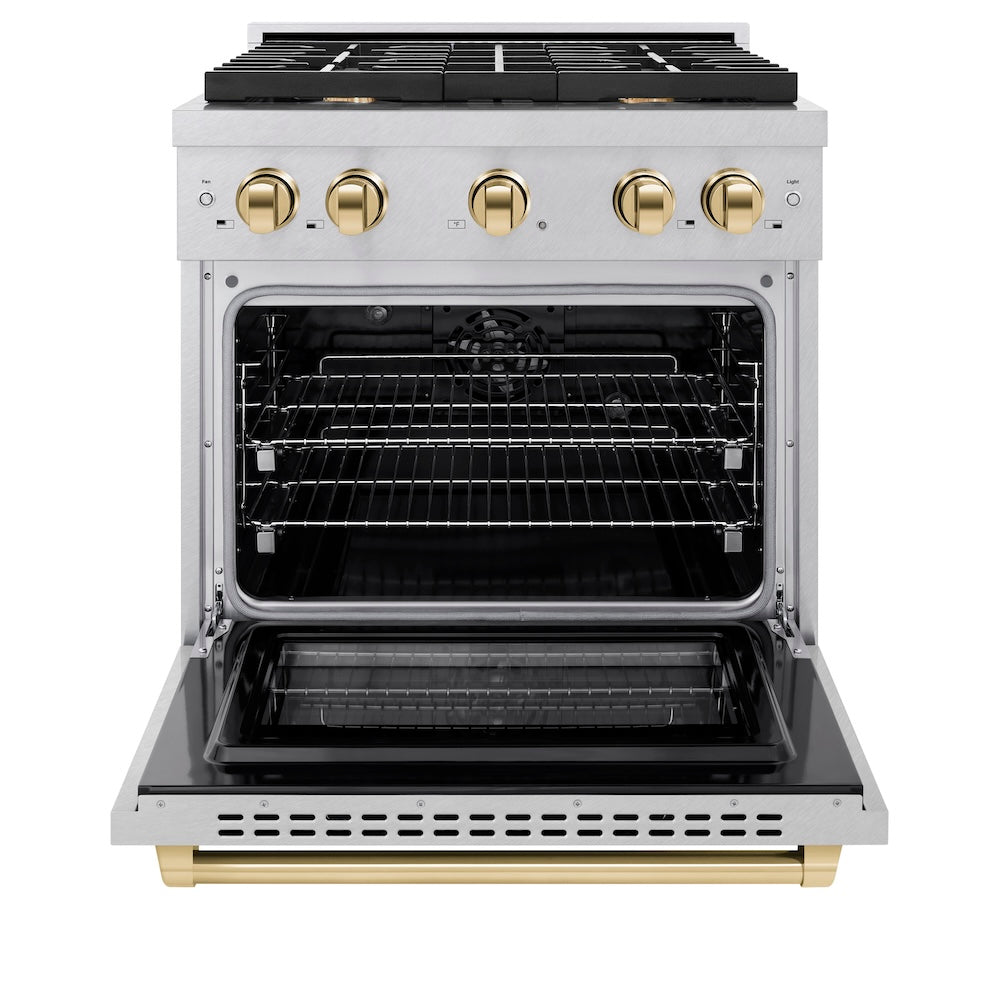 ZLINE Autograph Edition 30 in. 4.2 cu. ft. Paramount Dual Fuel Range with 4 Burner Gas Cooktop and Electric Convection Oven in Satin Stainless Steel with Polished Gold Accents (SDRSZ-30-G) front, open.