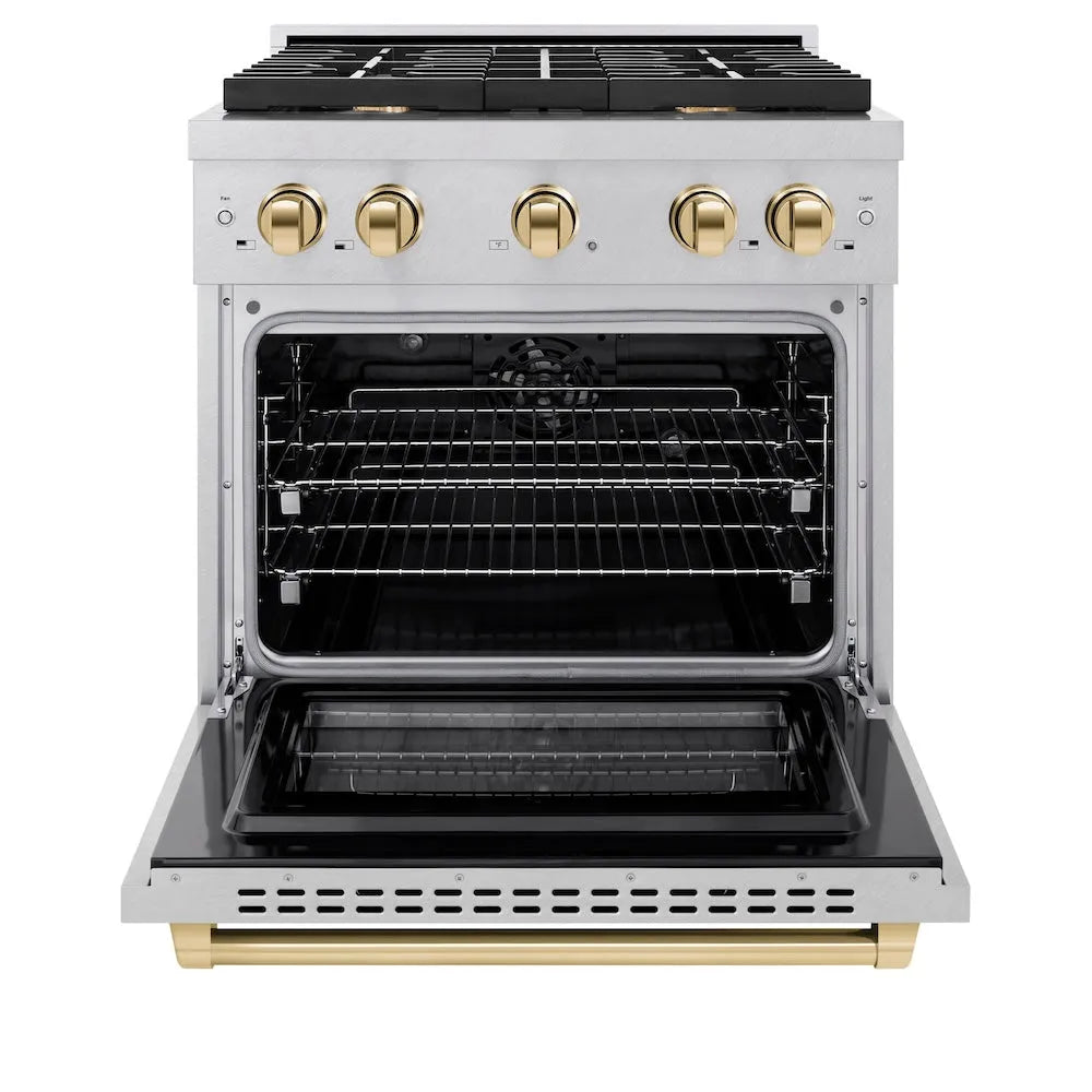 ZLINE Autograph Edition 30 in. 4.2 cu. ft. Paramount Dual Fuel Range with 4 Burner Gas Cooktop and Electric Convection Oven in Satin Stainless Steel with Polished Gold Accents (SDRSZ-30-G) front, open.
