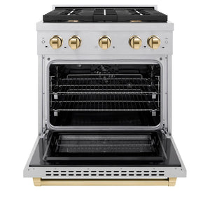 ZLINE Autograph Edition 30 in. 4.2 cu. ft. Paramount Dual Fuel Range with 4 Burner Gas Cooktop and Electric Convection Oven in Satin Stainless Steel with Polished Gold Accents (SDRSZ-30-G) front, open.
