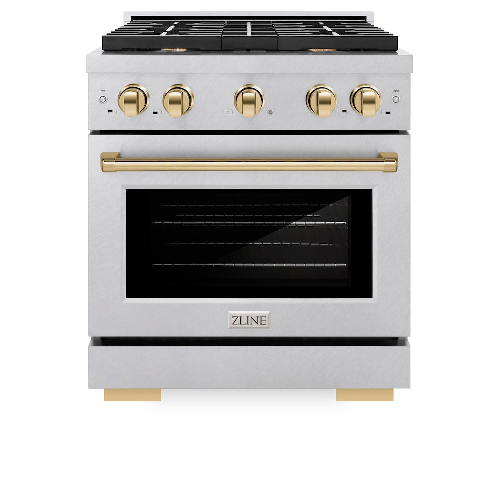 ZLINE Autograph Edition 30 in. 4.2 cu. ft. Paramount Dual Fuel Range with 4 Burner Gas Cooktop and Electric Convection Oven in Satin Stainless Steel with Polished Gold Accents (SDRSZ-30-G) front, oven closed.