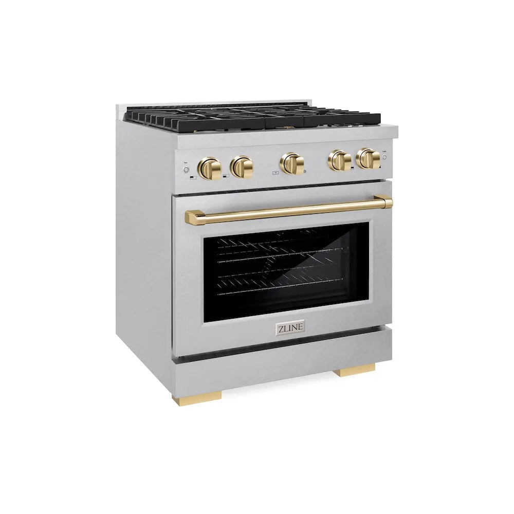 ZLINE Autograph Edition 30 in. 4.2 cu. ft. Paramount Dual Fuel Range with 4 Burner Gas Cooktop and Electric Convection Oven in Satin Stainless Steel with Polished Gold Accents (SDRSZ-30-G) main image.
