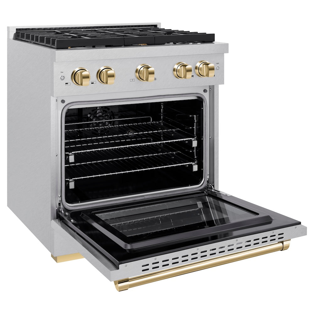 ZLINE Autograph Edition 30 in. 4.2 cu. ft. Paramount Dual Fuel Range with 4 Burner Gas Cooktop and Electric Convection Oven in Satin Stainless Steel with Polished Gold Accents (SDRSZ-30-G) side, oven open.