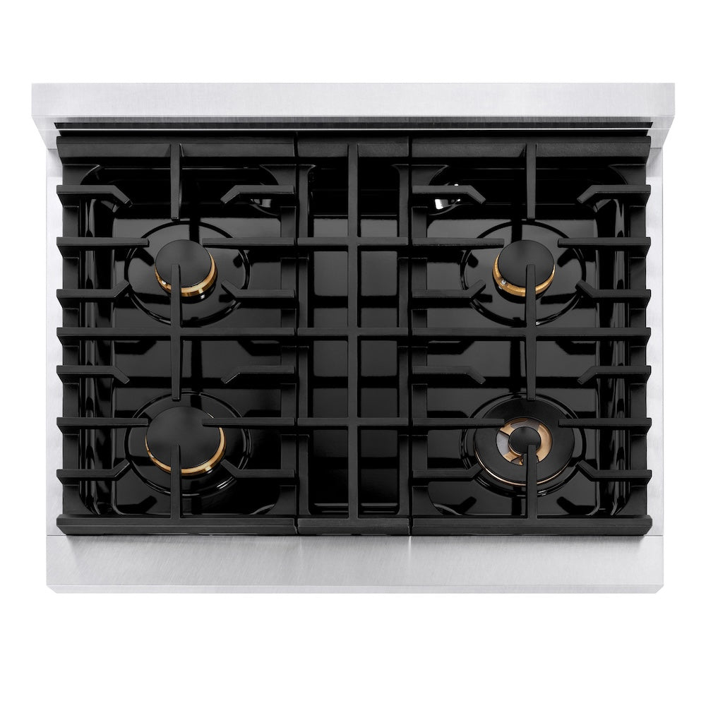 ZLINE Autograph Edition 30 in. 4.2 cu. ft. Paramount Dual Fuel Range with 4 Burner Gas Cooktop and Electric Convection Oven in Satin Stainless Steel with Polished Gold Accents (SDRSZ-30-G) top down, above cooktop.