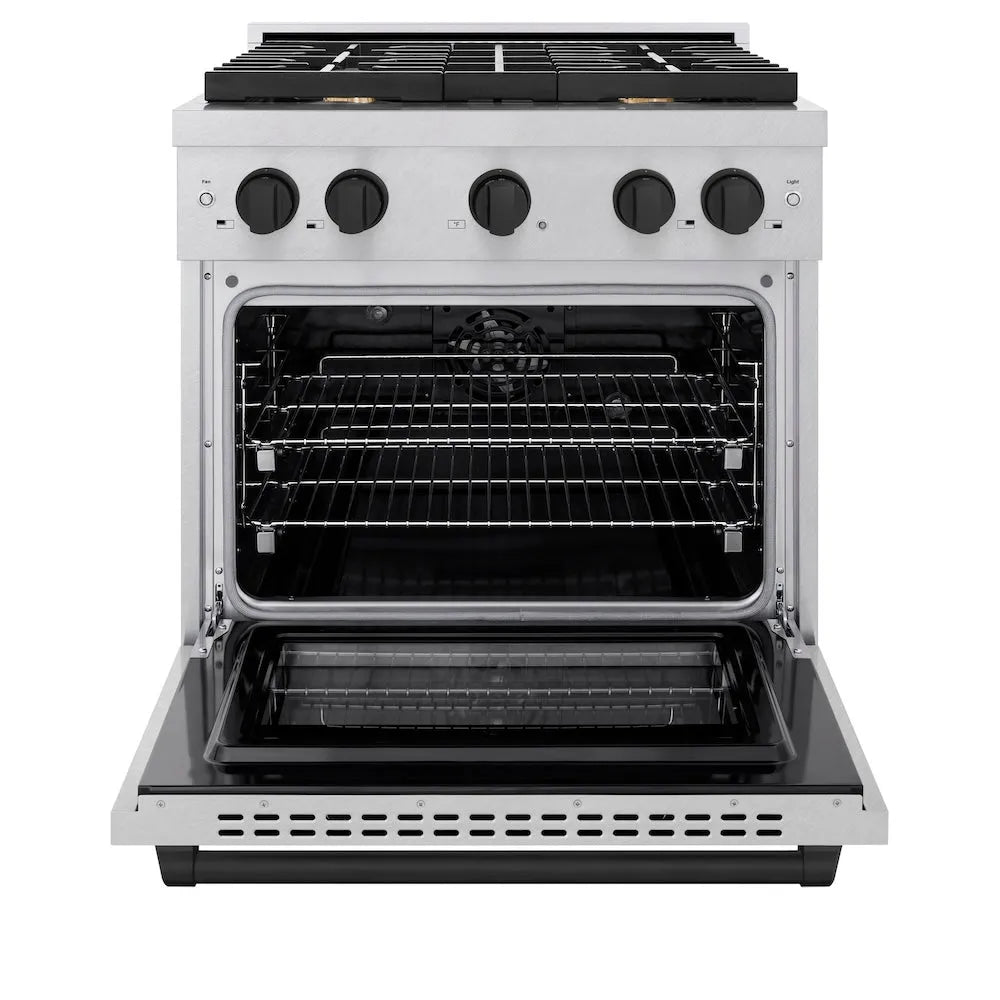 ZLINE Autograph Edition 30 in. 4.2 cu. ft. Paramount Dual Fuel Range with 4 Burner Gas Cooktop and Electric Convection Oven in Satin Stainless Steel with Matte Black Accents (SDRSZ-30-MB) front, open.