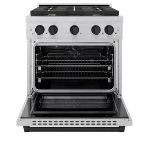 ZLINE Autograph Edition 30 in. 4.2 cu. ft. Paramount Dual Fuel Range with 4 Burner Gas Cooktop and Electric Convection Oven in Satin Stainless Steel with Matte Black Accents (SDRSZ-30-MB) front, open.