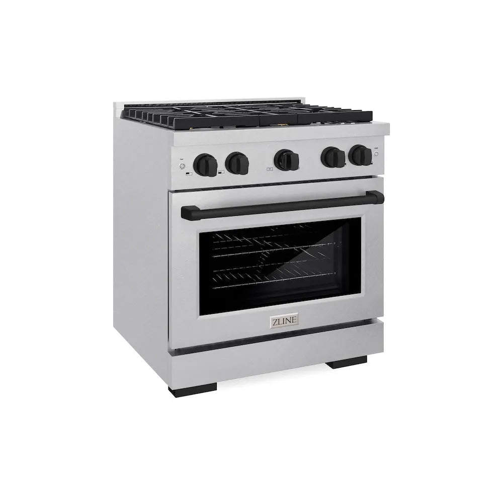 ZLINE Autograph Edition 30 in. 4.2 cu. ft. Paramount Dual Fuel Range with 4 Burner Gas Cooktop and Electric Convection Oven in Satin Stainless Steel with Matte Black Accents (SDRSZ-30-MB) main image.