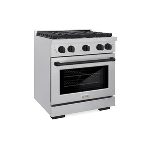 ZLINE Autograph Edition 30 in. 4.2 cu. ft. Paramount Dual Fuel Range with 4 Burner Gas Cooktop and Electric Convection Oven in Satin Stainless Steel with Matte Black Accents (SDRSZ-30-MB) main image.