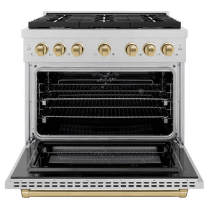 ZLINE Autograph Edition 36 in. 5.2 cu. ft. Paramount Dual Fuel Range with 6 Burner Gas Cooktop and Electric Convection Oven in Satin Stainless Steel with Champagne Bronze Accents (SDRSZ-36-CB) front, open.