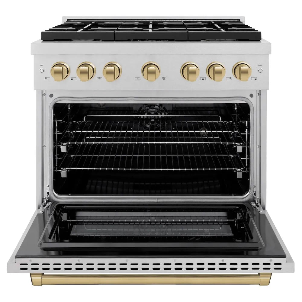 ZLINE Autograph Edition 36 in. 5.2 cu. ft. Paramount Dual Fuel Range with 6 Burner Gas Cooktop and Electric Convection Oven in Satin Stainless Steel with Champagne Bronze Accents (SDRSZ-36-CB) front, open.