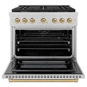 ZLINE Autograph Edition 36 in. 5.2 cu. ft. Paramount Dual Fuel Range with 6 Burner Gas Cooktop and Electric Convection Oven in Satin Stainless Steel with Champagne Bronze Accents (SDRSZ-36-CB) front, open.
