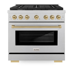 ZLINE Autograph Edition 36 in. 5.2 cu. ft. Paramount Dual Fuel Range with 6 Burner Gas Cooktop and Electric Convection Oven in Satin Stainless Steel with Champagne Bronze Accents (SDRSZ-36-CB) front, oven closed.