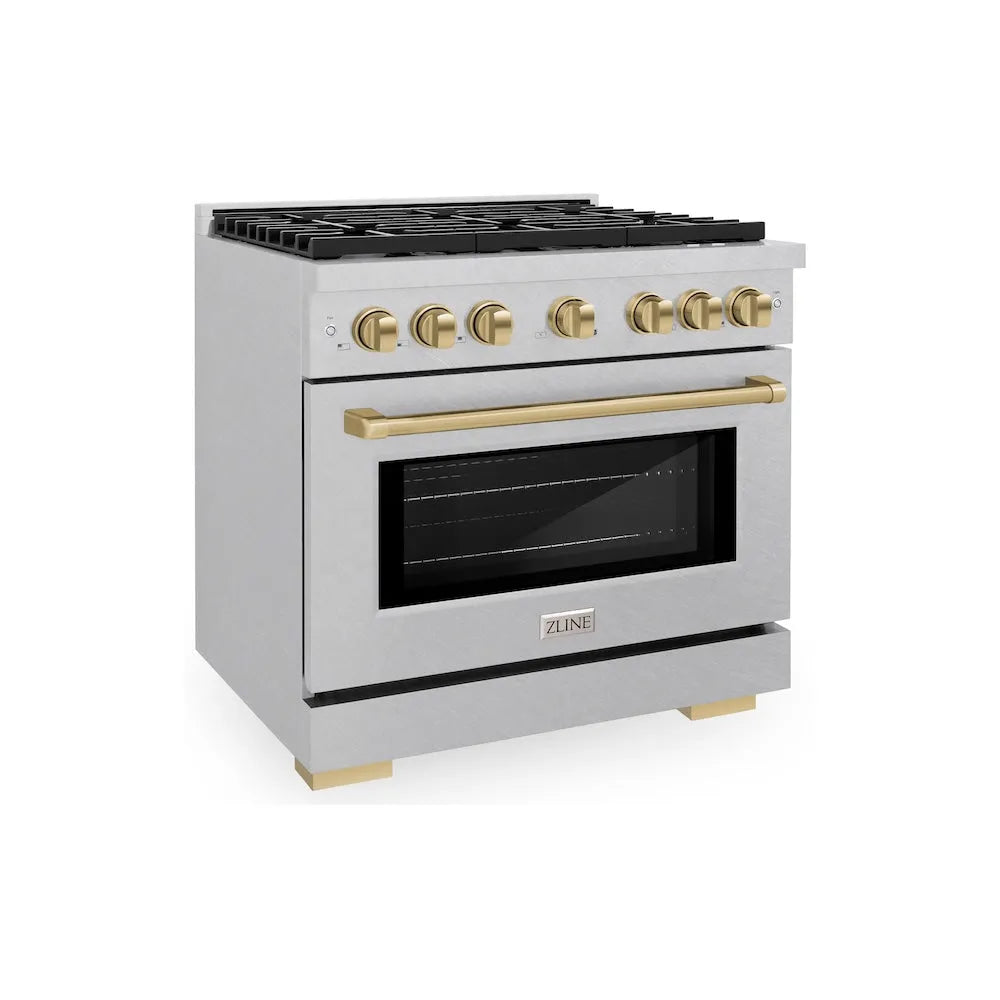 ZLINE Autograph Edition 36 in. 5.2 cu. ft. Paramount Dual Fuel Range with 6 Burner Gas Cooktop and Electric Convection Oven in Satin Stainless Steel with Champagne Bronze Accents (SDRSZ-36-CB) main image.