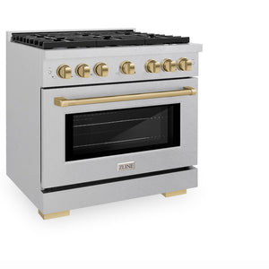 ZLINE Autograph Edition 36 in. 5.2 cu. ft. Paramount Dual Fuel Range with 6 Burner Gas Cooktop and Electric Convection Oven in Satin Stainless Steel with Champagne Bronze Accents (SDRSZ-36-CB) side, oven closed.