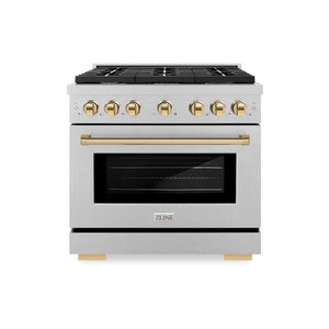 ZLINE Autograph Edition 36 in. 5.2 cu. ft. Paramount Dual Fuel Range with 6 Burner Gas Cooktop and Electric Convection Oven in Satin Stainless Steel with Polished Gold Accents (SDRSZ-36-G) front.