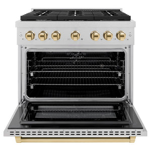 ZLINE Autograph Edition 36 in. 5.2 cu. ft. Paramount Dual Fuel Range with 6 Burner Gas Cooktop and Electric Convection Oven in Satin Stainless Steel with Polished Gold Accents (SDRSZ-36-G) front, open.