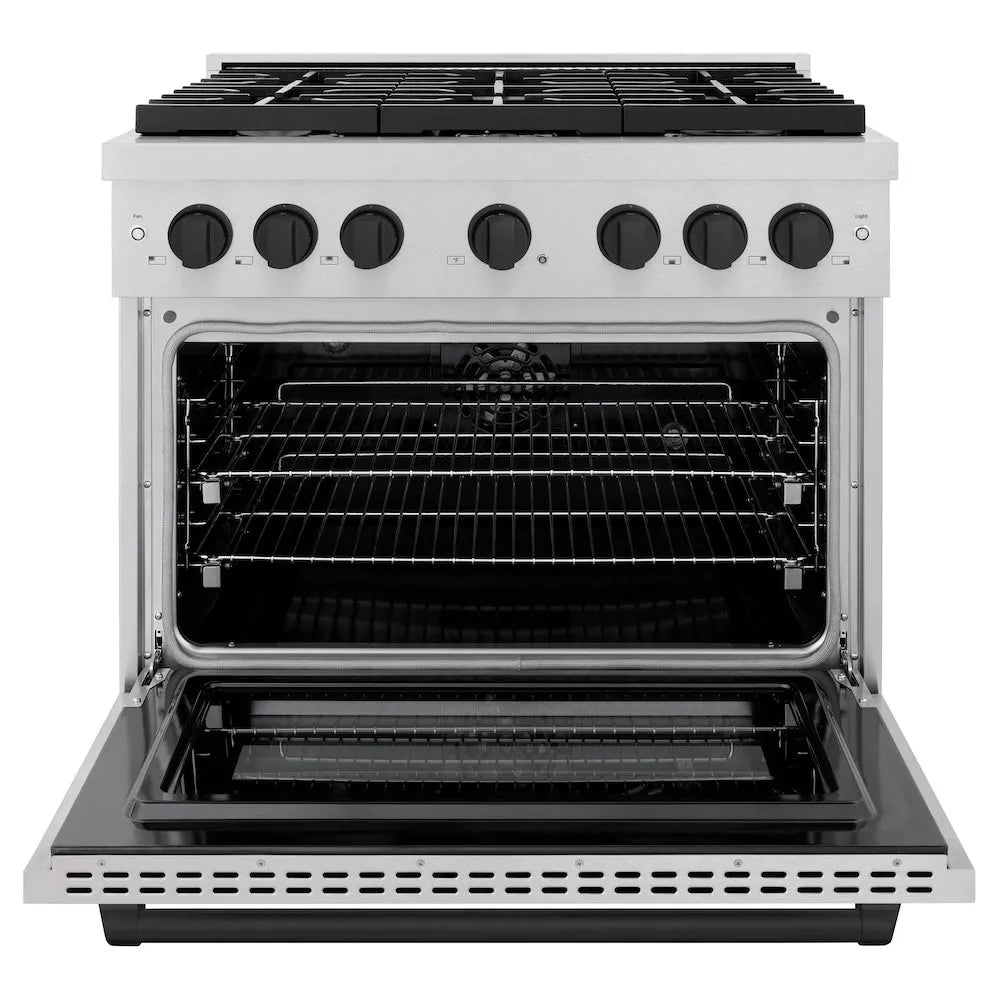 ZLINE Autograph Edition 36 in. 5.2 cu. ft. Paramount Dual Fuel Range with 6 Burner Gas Cooktop and Electric Convection Oven in Satin Stainless Steel with Matte Black Accents (SDRSZ-36-MB) front, open.