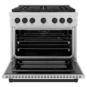 ZLINE Autograph Edition 36 in. 5.2 cu. ft. Paramount Dual Fuel Range with 6 Burner Gas Cooktop and Electric Convection Oven in Satin Stainless Steel with Matte Black Accents (SDRSZ-36-MB) front, open.