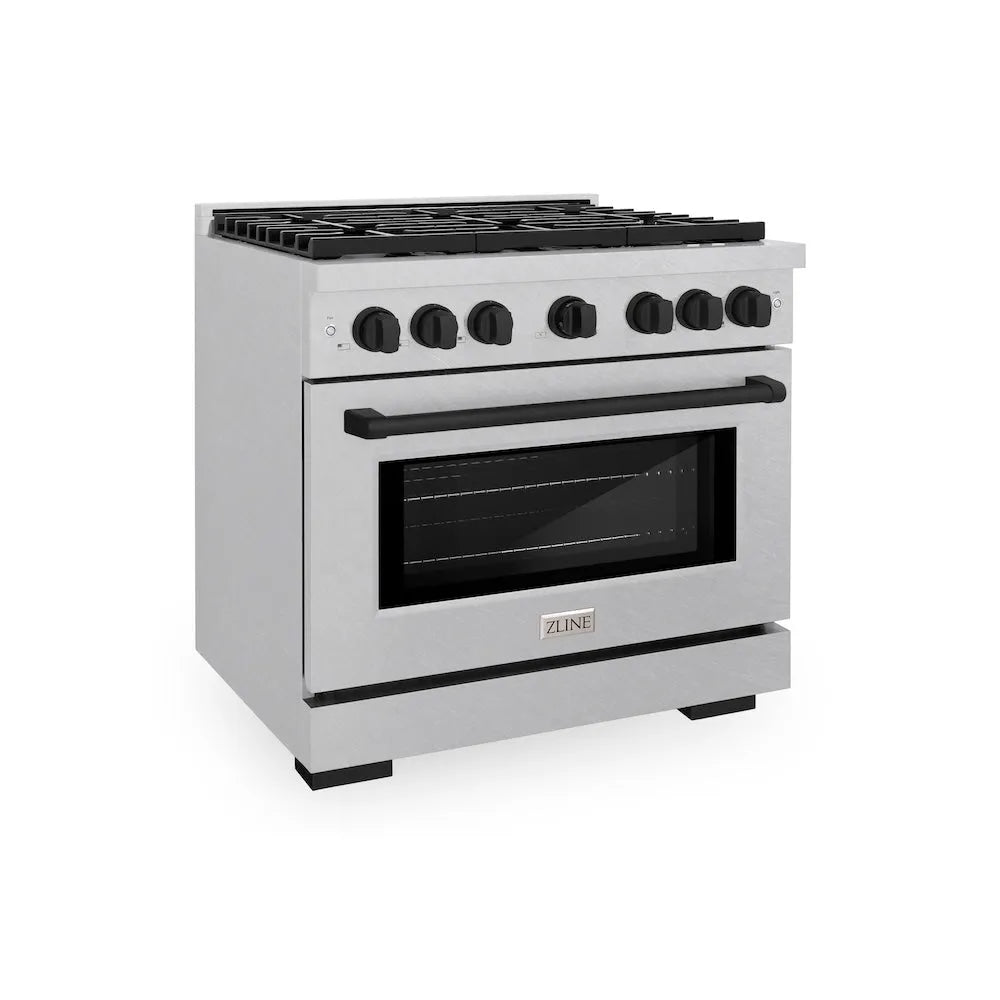 ZLINE Autograph Edition 36 in. 5.2 cu. ft. Paramount Dual Fuel Range with 6 Burner Gas Cooktop and Electric Convection Oven in Satin Stainless Steel with Matte Black Accents (SDRSZ-36-MB) main image.