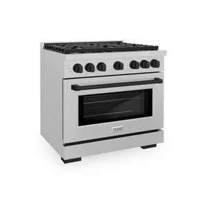 ZLINE Autograph Edition 36 in. 5.2 cu. ft. Paramount Dual Fuel Range with 6 Burner Gas Cooktop and Electric Convection Oven in Satin Stainless Steel with Matte Black Accents (SDRSZ-36-MB) main image.
