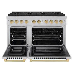 ZLINE Autograph Edition 48 in. 6.7 cu. ft. Paramount Double Oven Dual Fuel Range with 8 Burner Gas Cooktop in Satin Stainless Steel and Champagne Bronze Accents (SDRSZ-48-CB) front, open.