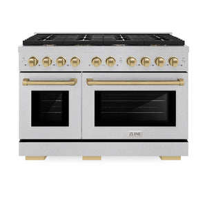 ZLINE Autograph Edition 48 in. 6.7 cu. ft. Paramount Double Oven Dual Fuel Range with 8 Burner Gas Cooktop in Satin Stainless Steel and Champagne Bronze Accents (SDRSZ-48-CB) front, oven closed.